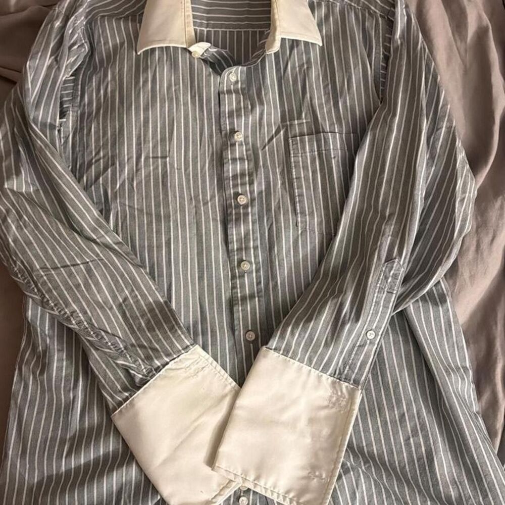 Donald J Trump Dress Shirt Mens 16.5 32/33 Gray Striped White Contrasting Collar